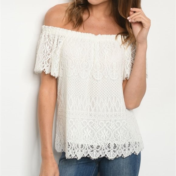 GIRLY & FLIRTY WHITE LACE OFF SHOULDER TOP - Picture 2 of 8